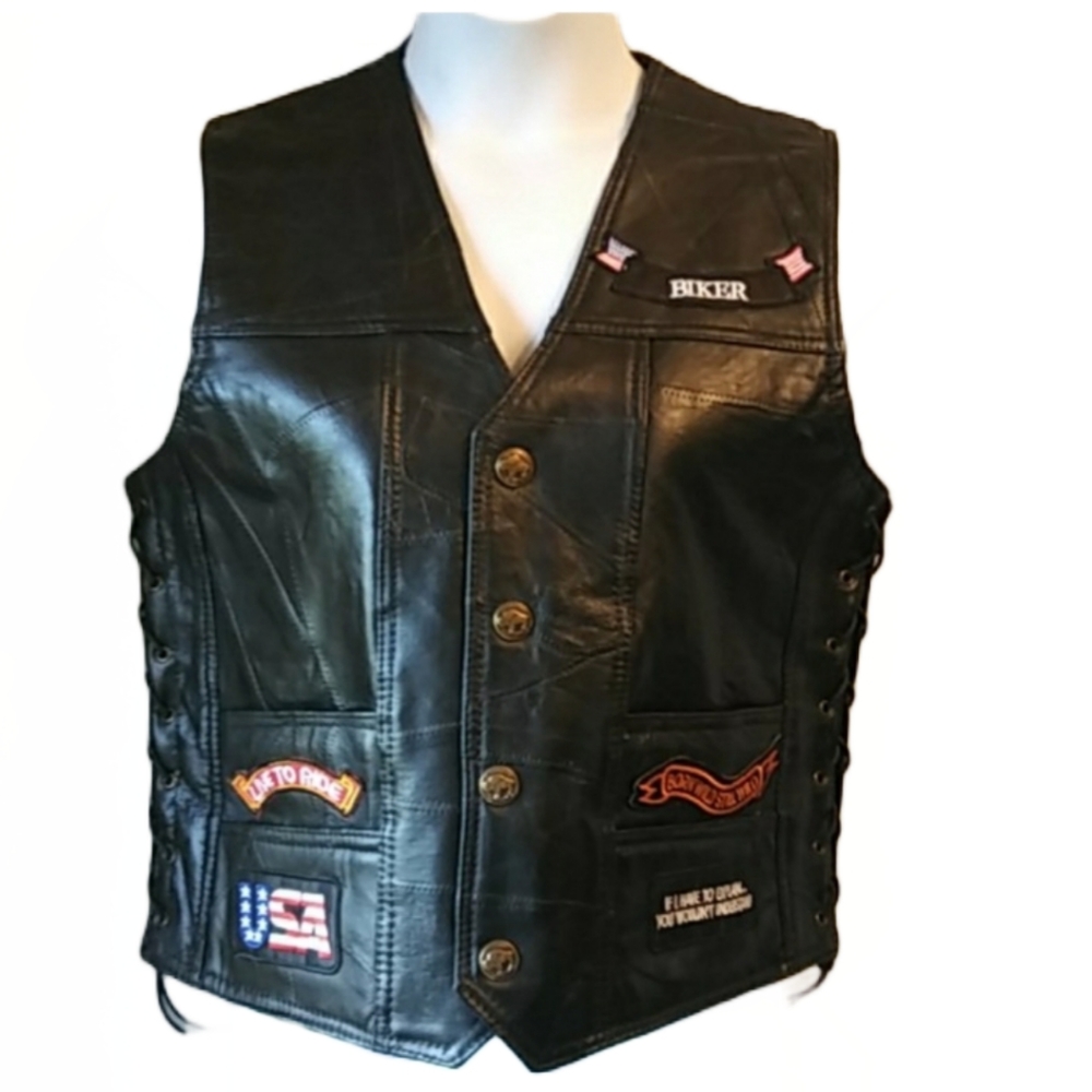 MEN'S BUFFALO LEATHER BLACK PATCHED MOTO VEST